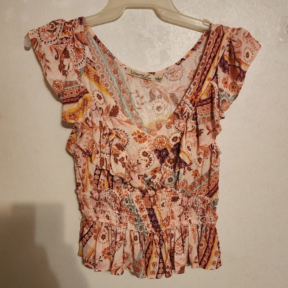 Liberty Love Boho Metallic Paisley V-Neck Smocked Peplum Ruffle Blouse Sz L NWOT